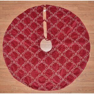 Arctic Holiday Burgundy Gold Embroidered Christmas Tree Skirt 55 Inches Holiday